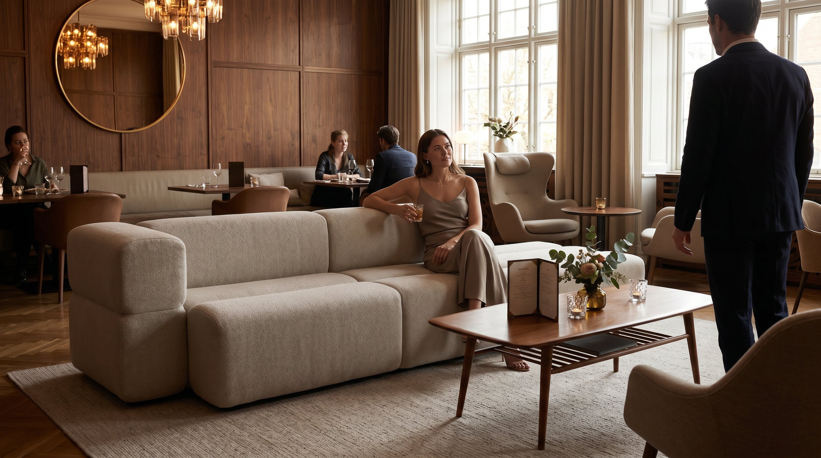 KEEEP-moduler i en varm, stemningsfull hotell-lounge med mykt lys og tydelig atmosfære.