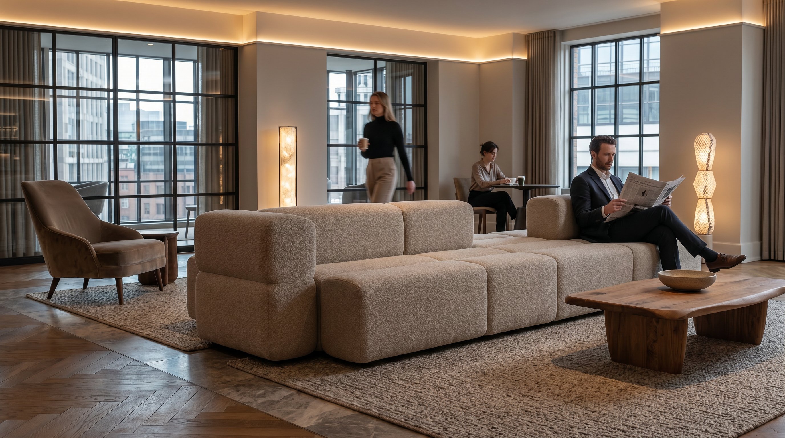 KEEEP-oppsett som illustrerer fleksibel bruk i en lounge — ulike konfigurasjoner side om side.