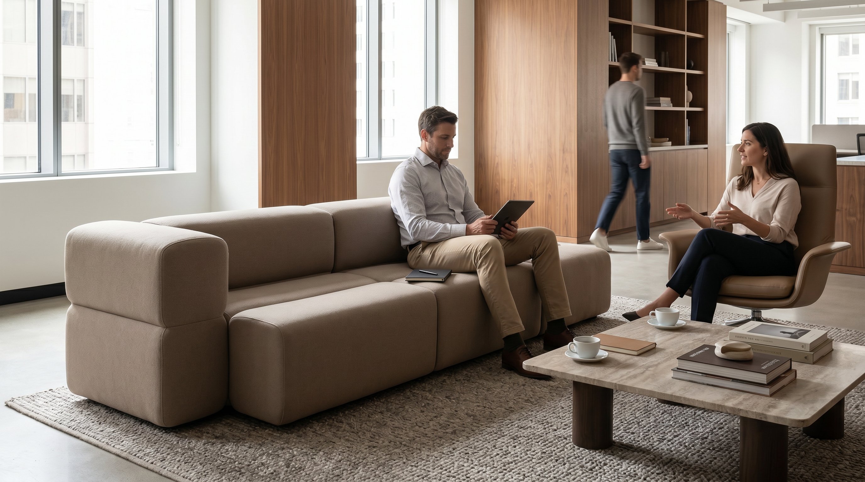KEEEP-moduler i en uformell møtesone i et moderne kontormiljø.